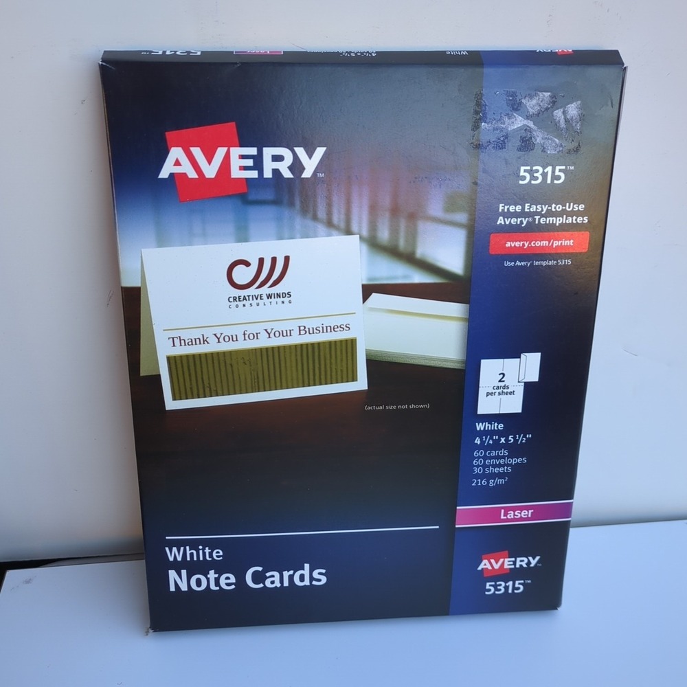 Avery 5315 Note Cards w/ Matching Envelopes (60 CRD, 2 CRD/SHT, 30 SHT/BX) New.
